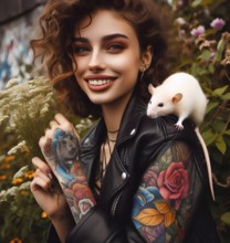 A tattooed young woman with a piercing and a white rat as a pet on her shoulder, AI generated, AI