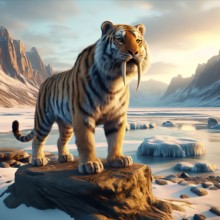 Prehistory, prehistory, ice age, an extinct sabre-toothed cat, also sabre-toothed tiger in an ice