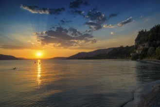 Bathing area and beach, sunset, near Überlingen, Lake Constance, Baden-Württemberg, Germany, Europe