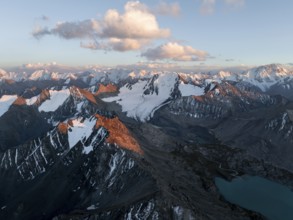 Evening mood, mountain panorama, aerial view, 4000 metre peak with glacier, mountain pass and