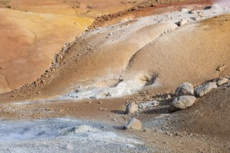 Mud pots, coloured mineral deposit, Seltún geothermal area near Krýsuvík or Krísuvík, Reykjanes