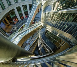 Stairs and escalators, shopping centre Passage Petersbogen, interior view, Leipzig, Saxony,