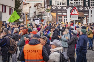 Demonstrators with banners in front of half-timbered houses, Assembly with police and respect sign,