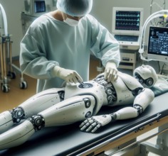 A humanoid robot lies on a hospital table and is repaired by a surgeon, cybernetics, AI generated,