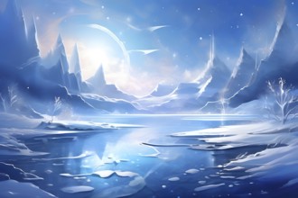 Abstract illustration of dreamy, icy landscape with swirling blues, whites, and silvers, evoking