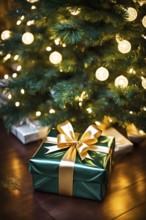 Close-up of a beautifully wrapped Christmas gift with a satin ribbon, set under a glowing Christmas