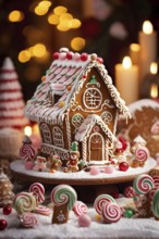 Gingerbread house decorations, focusing on the intricate icing details, colorful candy, and soft,