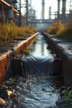 Rusty sewage pipe discharges dirty water into a stream, AI generated