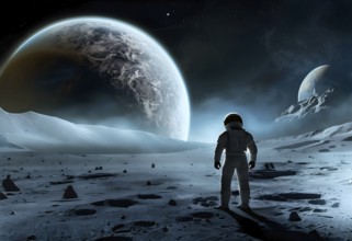 An astronaut stands on a lunar-like surface gazing at an immense planet rising, AI generated