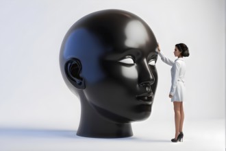 Thoughtful woman besides oversized female mask, AI generated