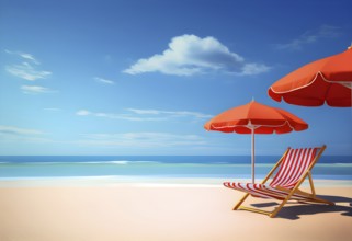 Three dimensional render of deck chair and beach umbrellas on deserted beach in summer, AI