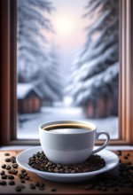 Coffee cup on a plate by a snow covered window creating a cozy winter feeling, AI generated