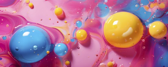 Abstract image with colorful yellow and turquoise blobs and liquid shapes on a pink background, AI