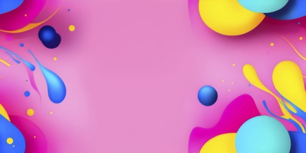 Abstract image with colorful yellow and turquoise blobs and liquid shapes on a pink background, AI