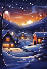 Cozy winter night scene with abstract forms representing a snow-covered village, AI generated