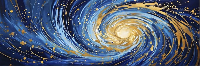 Abstract Illustration of energetic and dynamic swirl of gold, silver, and deep blue hues,