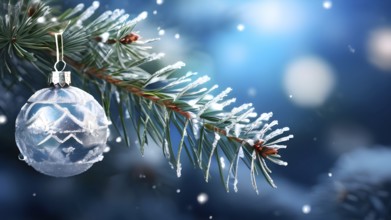 Set of Christmas ornaments hanging on a snow-covered pine tree branch, with frost clinging to the