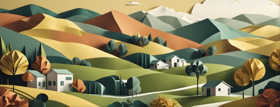 Landscape set in paper art style featuring houses tucked between verdant trees and rolling hills,