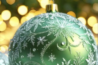 Close up of a frosted green Christmas ornament, detailed with tiny ice crystals, delicate carvings,