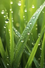 Fresh green grass blades with morning dew, capturing the sparkling droplets and soft sunlight, AI