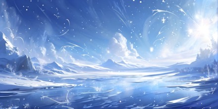 Abstract illustration of dreamy, icy landscape with swirling blues, whites, and silvers, evoking