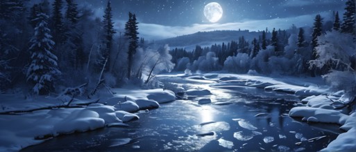 Serene winter night scene of a frozen river winding through a forest in moonlight, AI generated