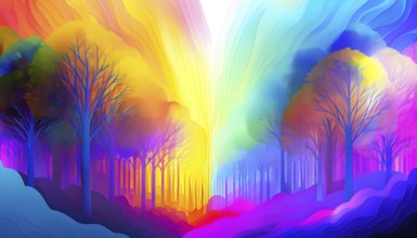 Vibrant depiction wallpaper illustration of trees in transition between autumn and winter, AI