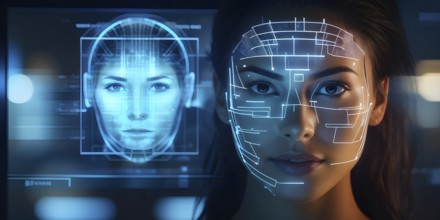 3d digital facial recognition displaying a female face with overlaid ai biometric data, AI