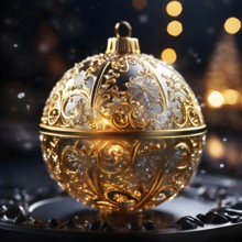 Close up of a frosted golden Christmas ornament, detailed with tiny ice crystals, delicate