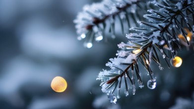 Detailed shot of frosted pine branches with twinkling fairy lights and icicles hanging, creating a