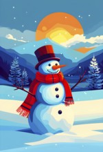 Abstract illustration of a snowman in an idyllic snowy winter landscape, hills and mountains and