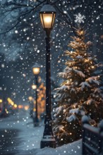 Christmas Eve with snowflakes fall under the light of a streetlamp with a decorated tree in the