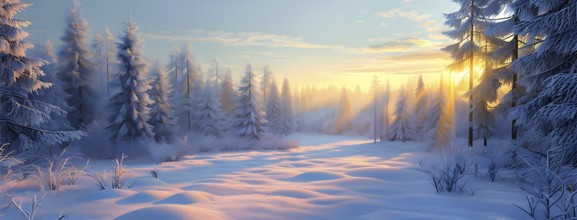 Peaceful snowy forest clearing at dawn with snow softly blanketing the ground and frost-covered