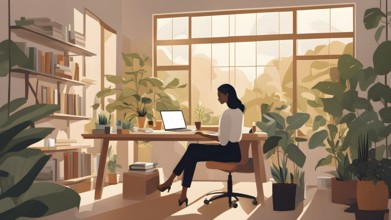 Abstract illustration of a modern workspace with woman seated at a desk, AI generated