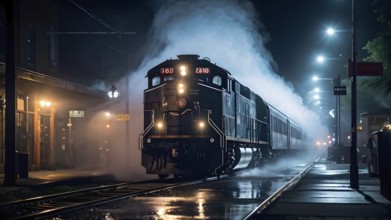 Nighttime train wash in a misty depot with water spray, AI generated