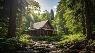 Rustic log cabin nestled in a dense evergreen forest with a river with whitewater in the