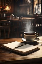 Notebook and coffee cup on a rustic wooden table in a tranquil scenery, AI generated