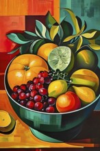 Vibrant illustration of a bowl brimming with a cascade of fresh fruits and vegetables, AI generated