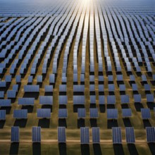 Top down aerial view of a photovoltaic plant arranged in symmetric rows, AI generated