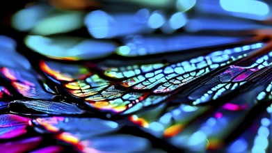 Vibrant butterfly wing with iridescent scales and network of veins, AI generated