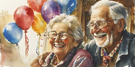 Watercolor illustration of a joyful elderly couple, AI generated