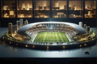 Scale model of modern soccer stadium on a polished conference table, AI generated