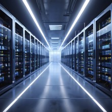 Modern server room teeming with racks of servers, AI generated