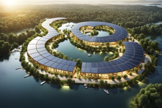 3d rendering of a sustainable engaged waterfront development with floating solar panels, AI