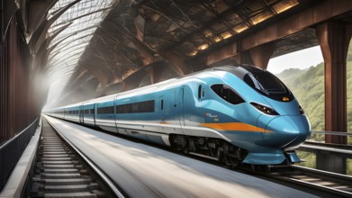 High speed train with an aerodynamic nose modeled after the beak of a kingfisher, AI generated