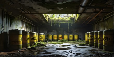 Abandoned underground bunker with radioactive old barrels, AI generated