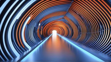 Tunnel structure in blue and orange hues representing data and communication in abstract geometric