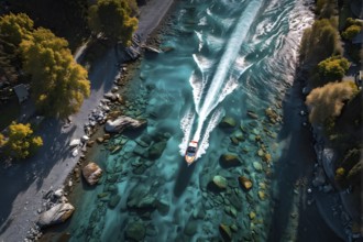 Aerial view on a high speed boat racing along a rivers serpentine, AI generated