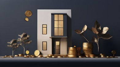 Minimalist render of a residential house with money scattered around as symbol of of investment