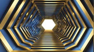 Tunnel structure in blue and golden hues representing data and communication in abstract geometric